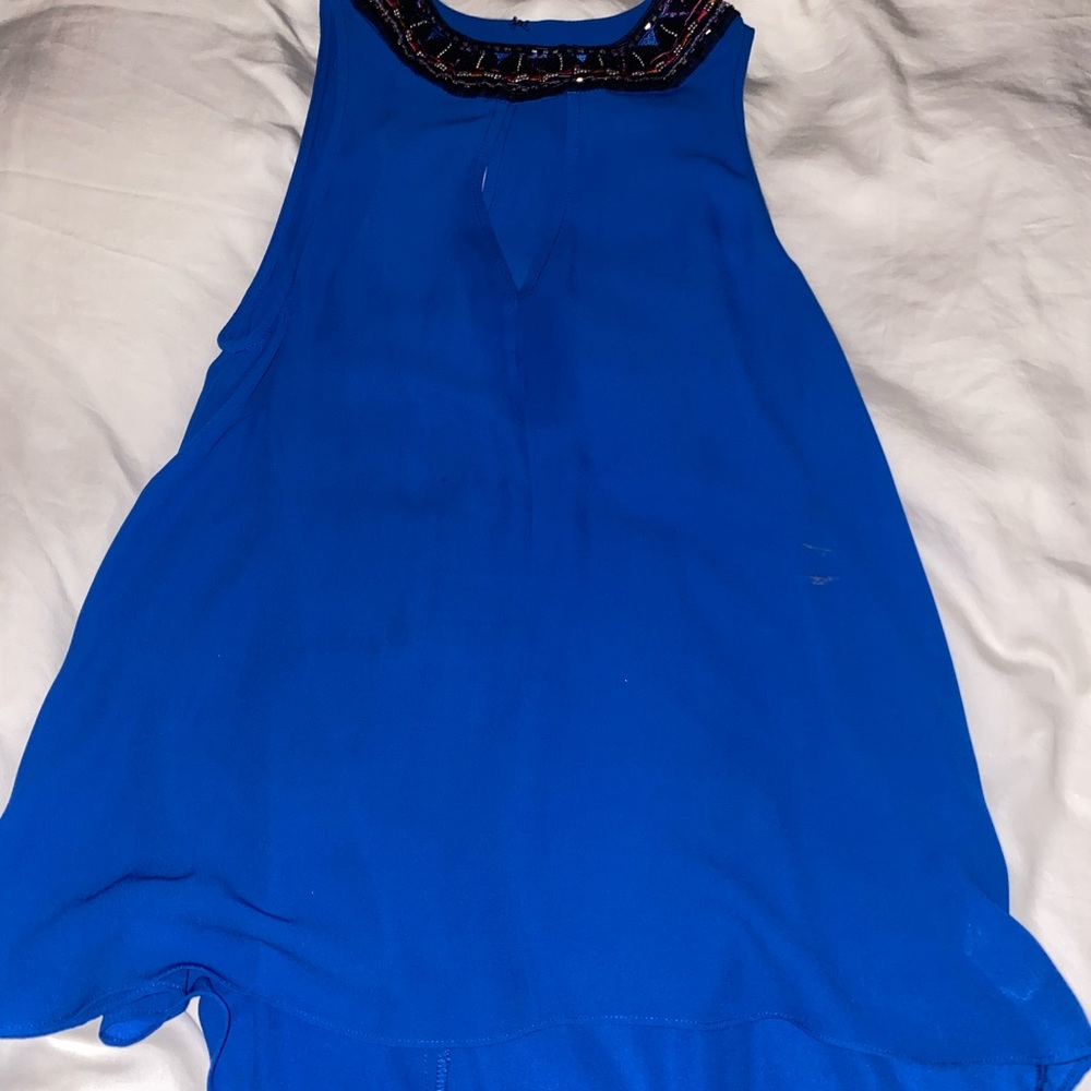 Blue Sleeveless Top with Beaded Collar